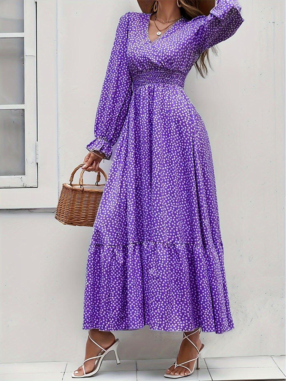 Purple Polka Dot Print Surplice V-Neck Smocked Waist Tiered Ruffle Maxi Dress