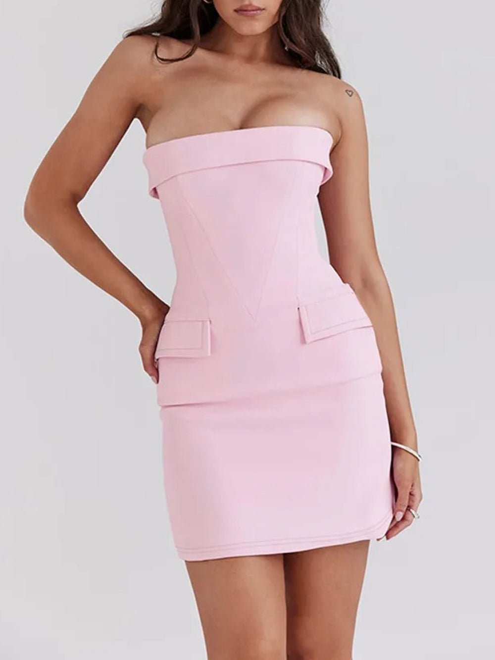 Strapless Fold Over Neck Corset Panel Pocket Bodycon Mini Dress