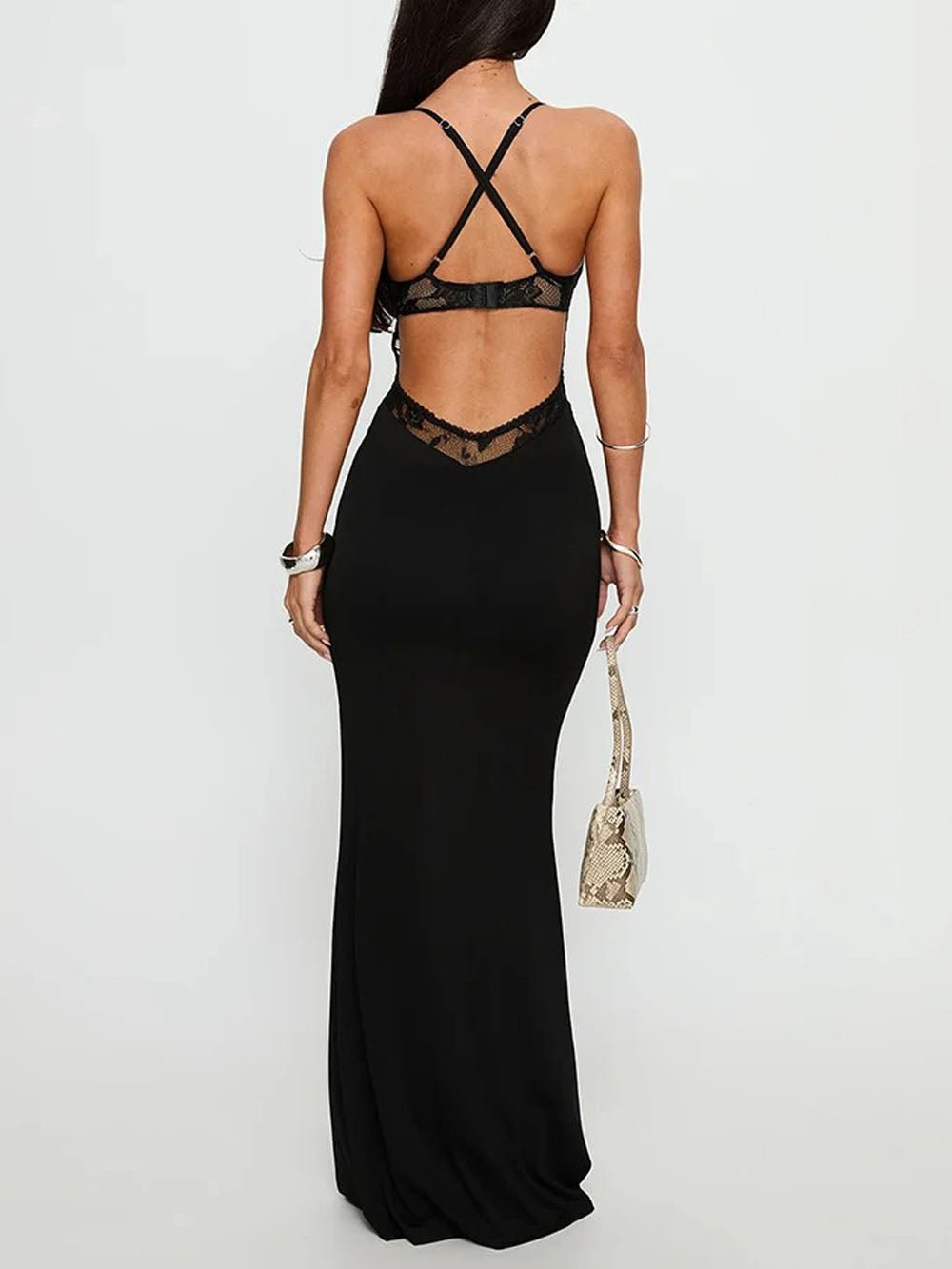 Black Lace Deep V-Neck Spaghetti Strap Ring Cut Out Bodice Jersey Maxi Dress