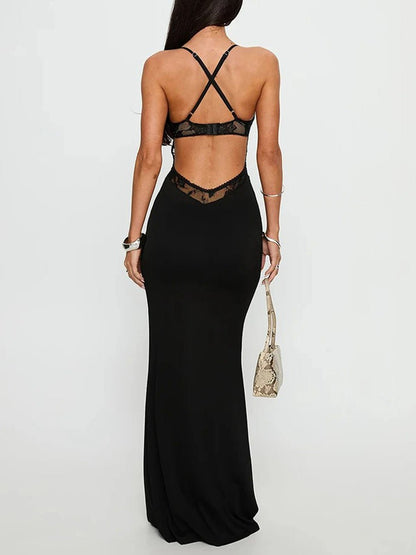 Black Lace Deep V-Neck Spaghetti Strap Ring Cut Out Bodice Jersey Maxi Dress