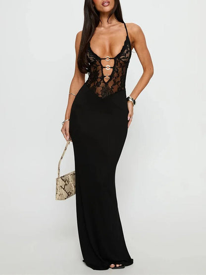 Black Lace Deep V-Neck Spaghetti Strap Ring Cut Out Bodice Jersey Maxi Dress