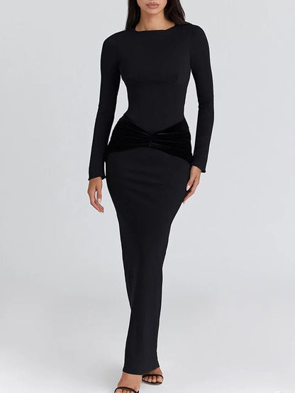 Black Long Sleeve Velvet Twist Waist Ruched Bodycon Maxi Dress