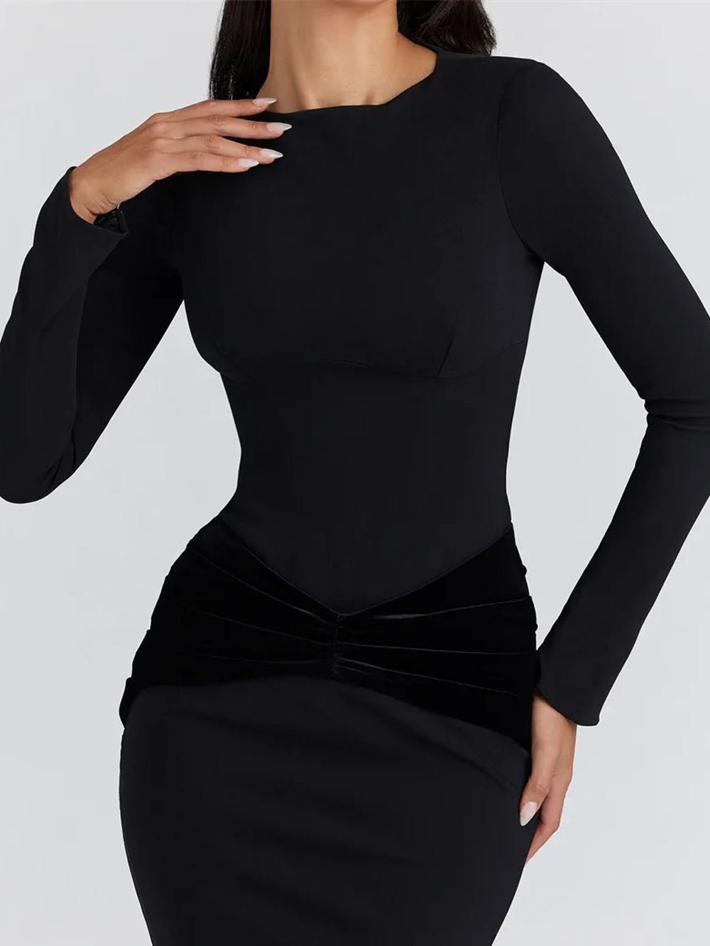 Black Long Sleeve Velvet Twist Waist Ruched Bodycon Maxi Dress