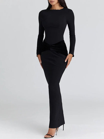 Black Long Sleeve Velvet Twist Waist Ruched Bodycon Maxi Dress