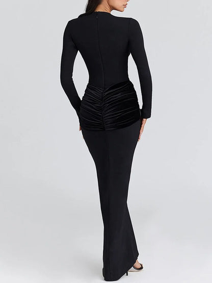 Black Long Sleeve Velvet Twist Waist Ruched Bodycon Maxi Dress