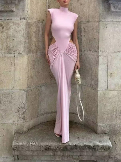 Pink Jersey Mock Neck Sleeveless Cap Shoulder Waist Cut Out Ruched Draped Panel Bodycon Column Maxi Gown