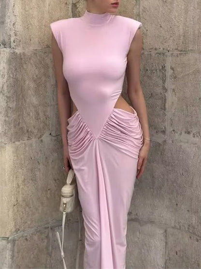 Pink Jersey Mock Neck Sleeveless Cap Shoulder Waist Cut Out Ruched Draped Panel Bodycon Column Maxi Gown