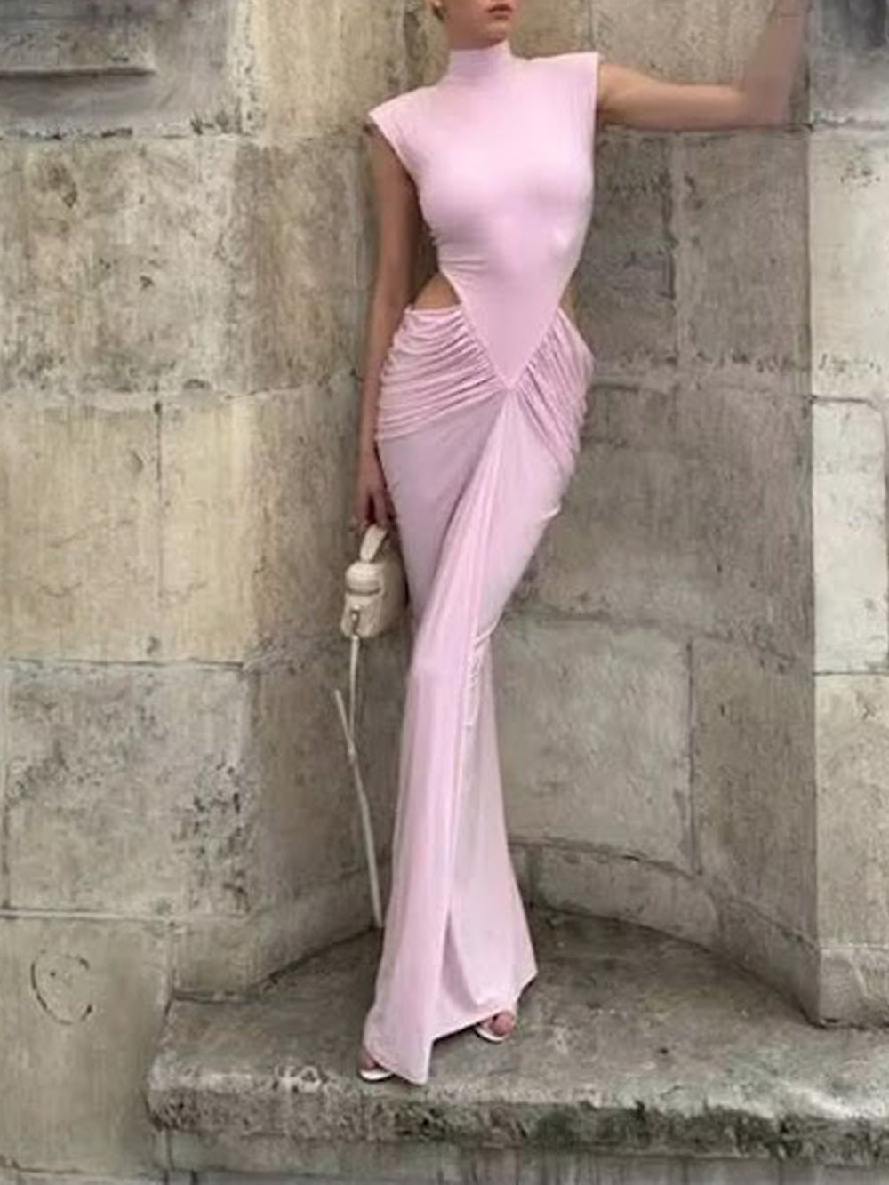 Pink Jersey Mock Neck Sleeveless Cap Shoulder Waist Cut Out Ruched Draped Panel Bodycon Column Maxi Gown
