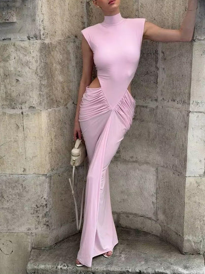 Pink Jersey Mock Neck Sleeveless Cap Shoulder Waist Cut Out Ruched Draped Panel Bodycon Column Maxi Gown