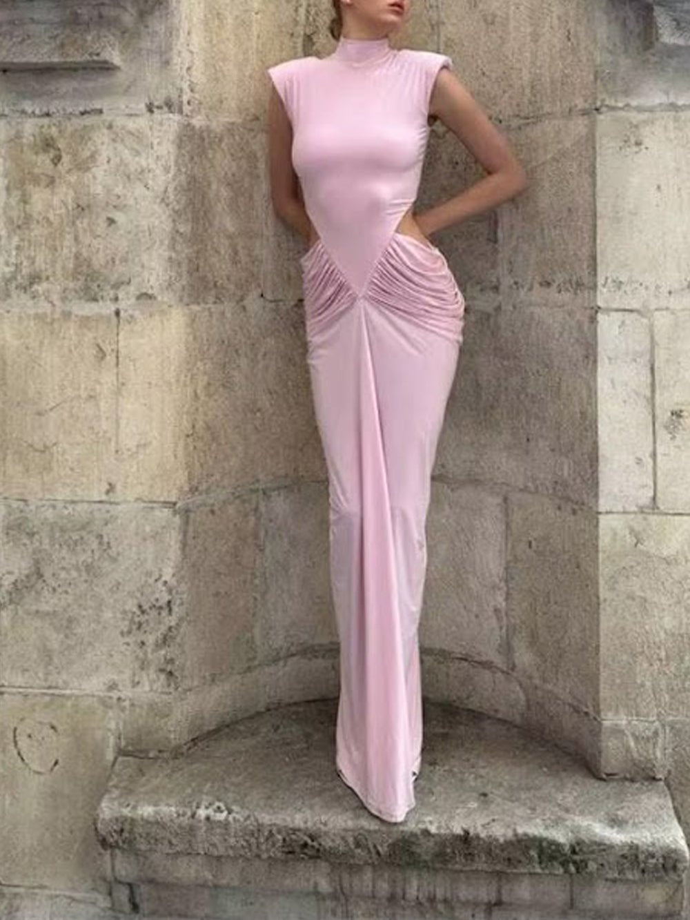 Pink Jersey Mock Neck Sleeveless Cap Shoulder Waist Cut Out Ruched Draped Panel Bodycon Column Maxi Gown