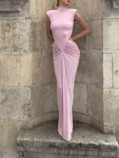 Pink Jersey Mock Neck Sleeveless Cap Shoulder Waist Cut Out Ruched Draped Panel Bodycon Column Maxi Gown