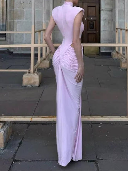 Pink Jersey Mock Neck Sleeveless Cap Shoulder Waist Cut Out Ruched Draped Panel Bodycon Column Maxi Gown