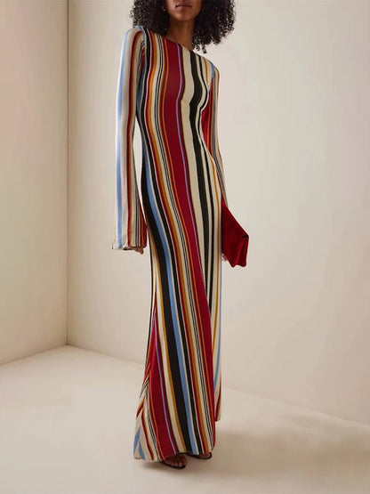 Multicolor Vertical Striped Long Sleeve Crew Neck Fitted Maxi Dress