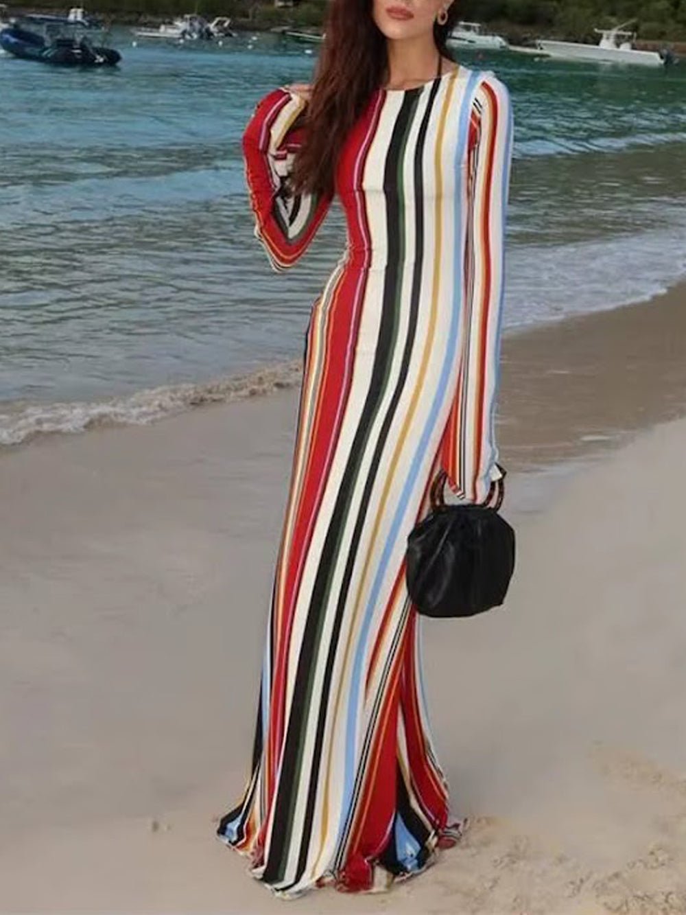 Multicolor Vertical Striped Long Sleeve Crew Neck Fitted Maxi Dress