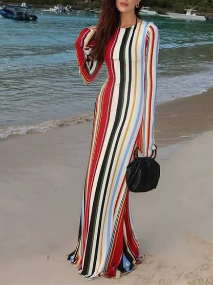 Multicolor Vertical Striped Long Sleeve Crew Neck Fitted Maxi Dress
