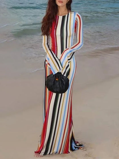 Multicolor Vertical Striped Long Sleeve Crew Neck Fitted Maxi Dress