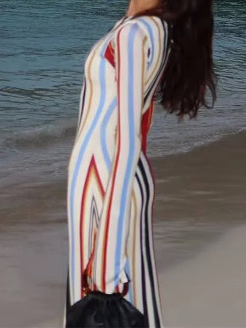 Multicolor Vertical Striped Long Sleeve Crew Neck Fitted Maxi Dress