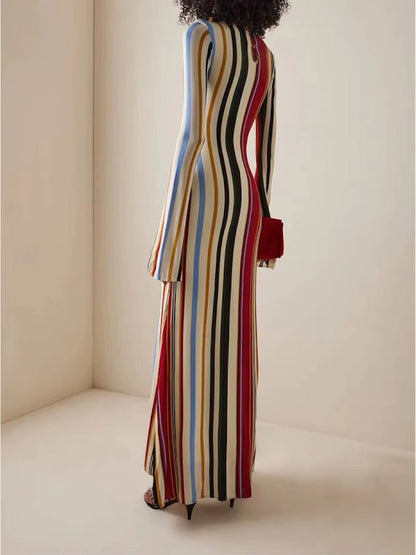 Multicolor Vertical Striped Long Sleeve Crew Neck Fitted Maxi Dress