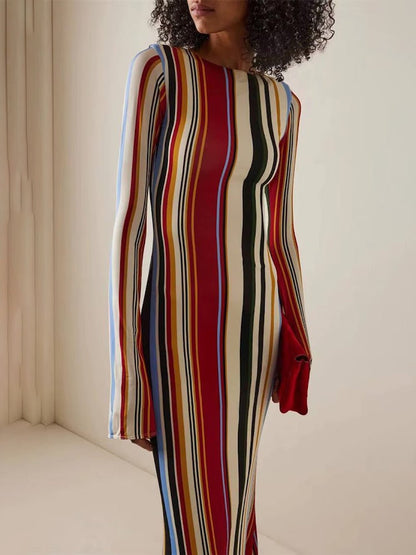 Multicolor Vertical Striped Long Sleeve Crew Neck Fitted Maxi Dress