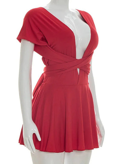Red Jersey Deep V-Neck Cap Sleeve Criss-Cross Wrap Midriff Cut Out Tie Back Skater Mini Dress