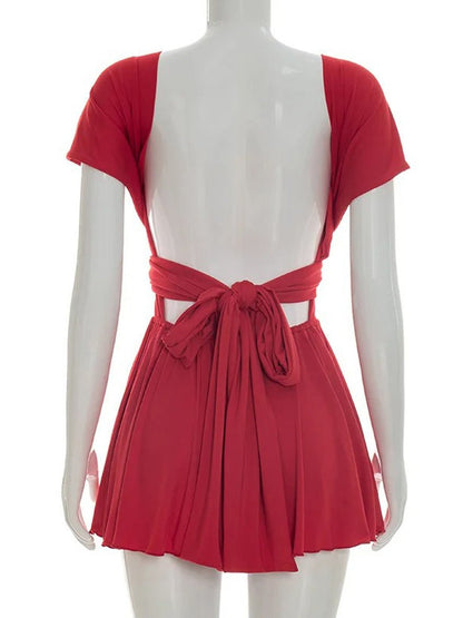 Red Jersey Deep V-Neck Cap Sleeve Criss-Cross Wrap Midriff Cut Out Tie Back Skater Mini Dress