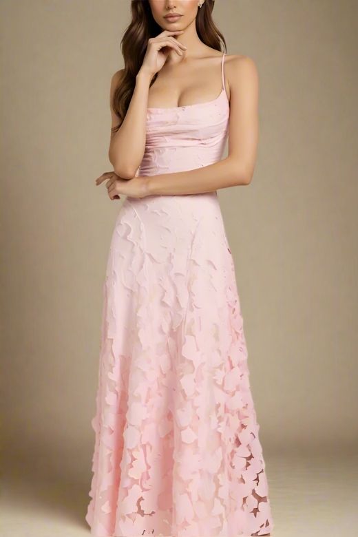 Dusty Pink Spaghetti Strap Square Neck Ruched 3D Petal Applique A-Line Maxi Dress