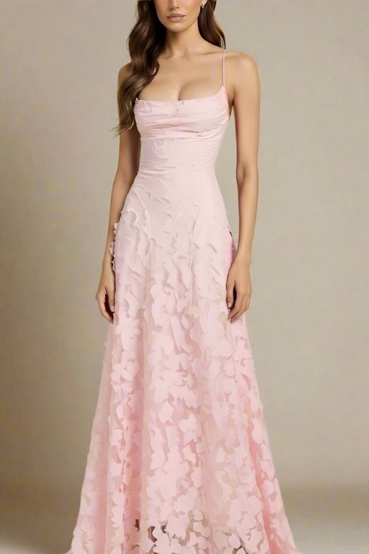 Dusty Pink Spaghetti Strap Floral Appliqué A-Line Maxi Gown