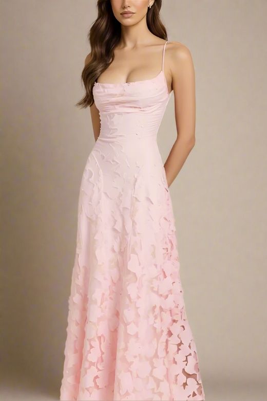 Dusty Pink Spaghetti Strap Floral Appliqué A-Line Maxi Gown