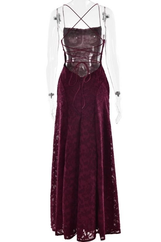 Red Wine Spaghetti Strap Jacquard Pleated Skirt Bodycon Maxi Dress