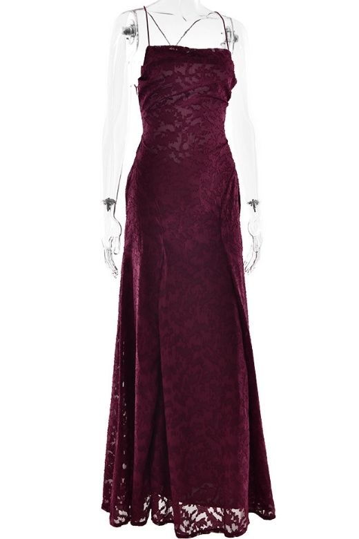 Red Wine Spaghetti Strap Jacquard Pleated Skirt Bodycon Maxi Dress