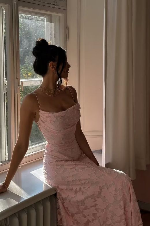 Dusty Pink Spaghetti Strap Square Neck Ruched 3D Petal Applique A-Line Maxi Dress