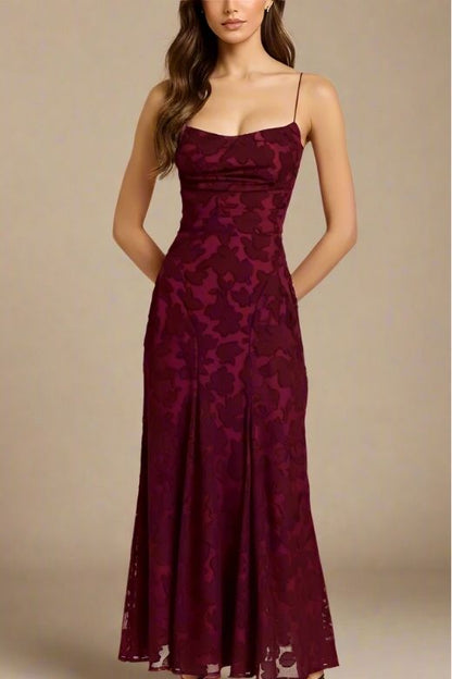 Red Wine Spaghetti Strap Jacquard Pleated Skirt Bodycon Maxi Dress
