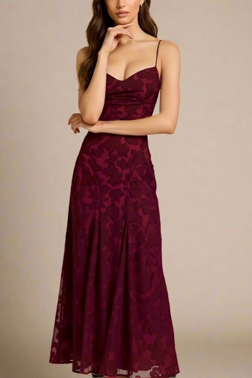 Red Wine Spaghetti Strap Jacquard Pleated Skirt Bodycon Maxi Dress