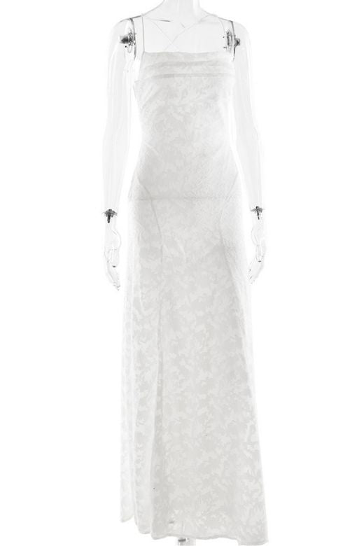 White Pearl Spaghetti Strap Floral Appliqué A-Line Maxi Gown