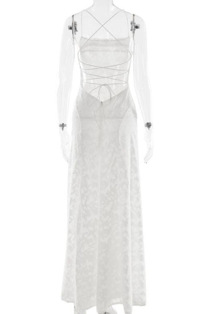 White Pearl Spaghetti Strap Floral Appliqué A-Line Maxi Gown