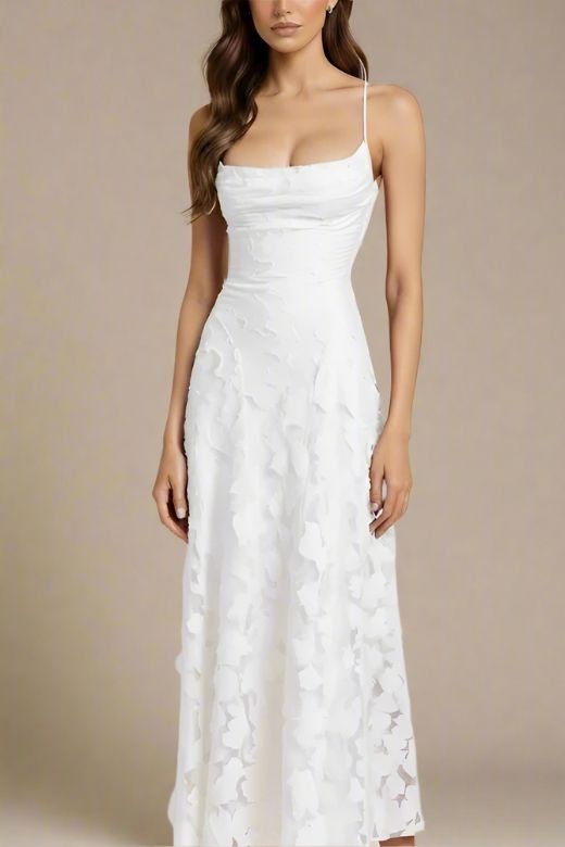 White Pearl Spaghetti Strap Floral Appliqué A-Line Maxi Gown