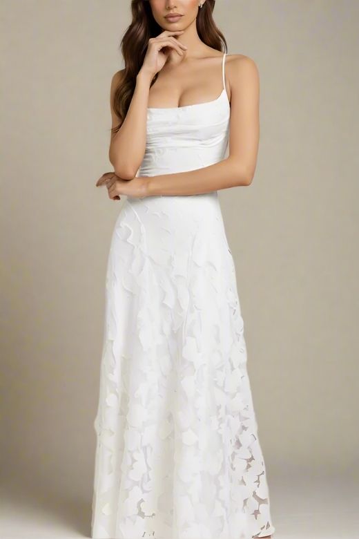 White Pearl Spaghetti Strap Floral Appliqué A-Line Maxi Gown