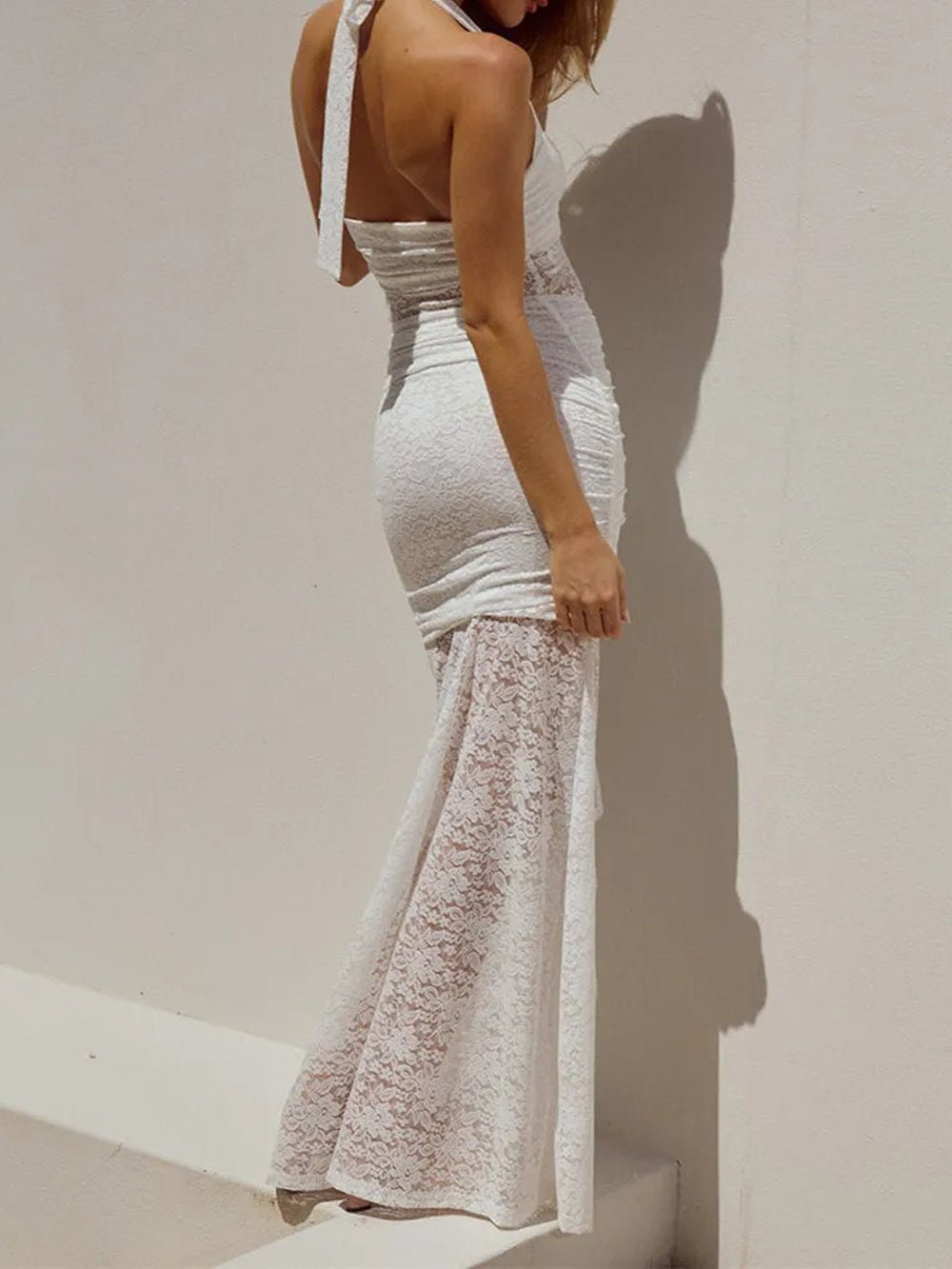 Lace Halter Neck Sweetheart Ruched Center Ruffle High Split Maxi Dress