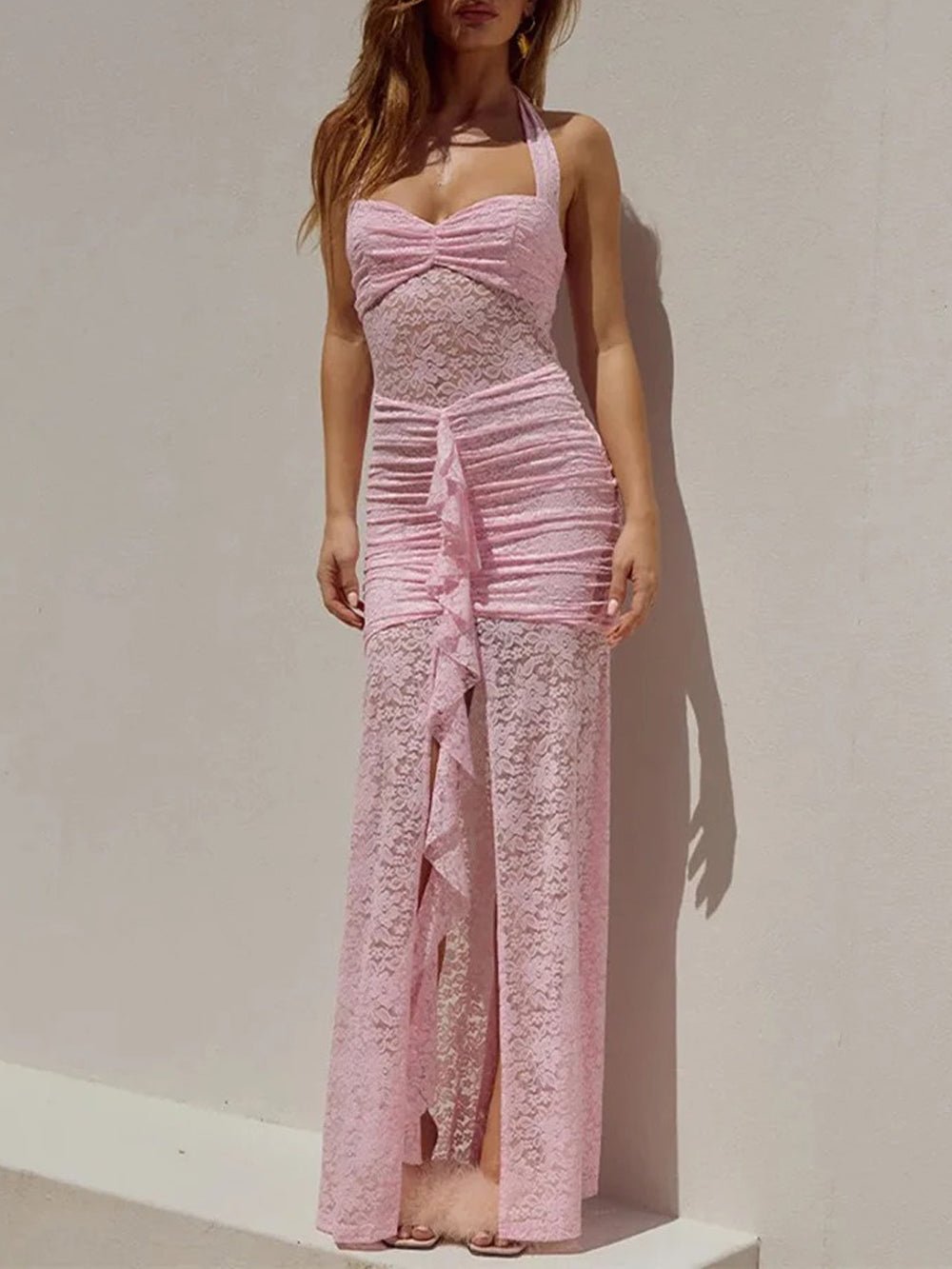 Lace Halter Neck Sweetheart Ruched Center Ruffle High Split Maxi Dress