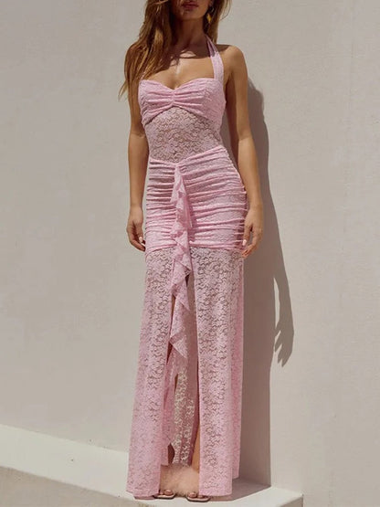 Lace Halter Neck Sweetheart Ruched Center Ruffle High Split Maxi Dress