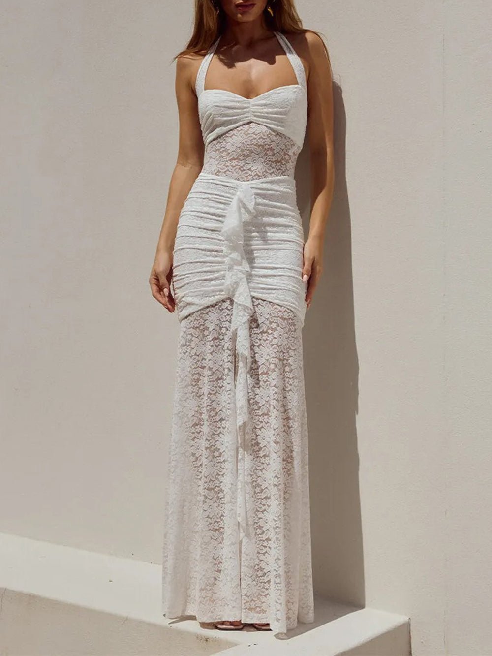 Lace Halter Neck Sweetheart Ruched Center Ruffle High Split Maxi Dress
