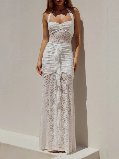 Lace Halter Neck Sweetheart Ruched Center Ruffle High Split Maxi Dress