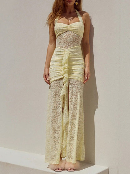 Lace Halter Neck Sweetheart Ruched Center Ruffle High Split Maxi Dress