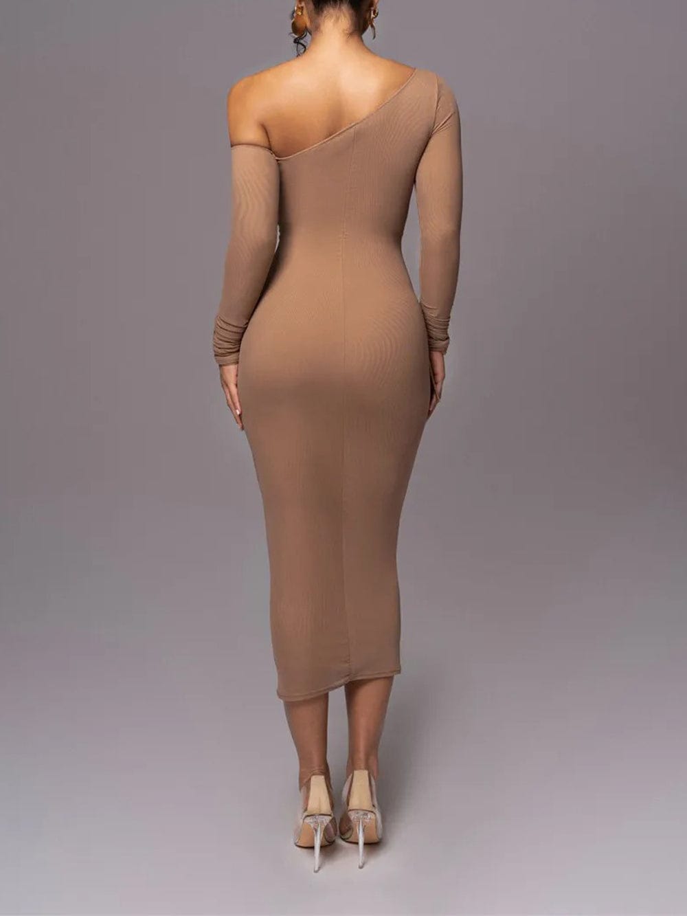 One Shoulder Long Sleeve Mesh Panel Ruched Bodycon Midi Dress