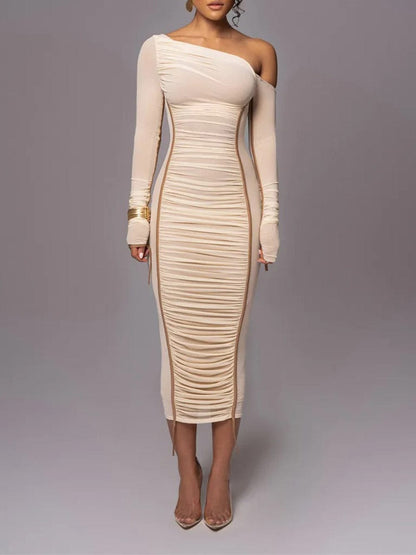 One Shoulder Long Sleeve Mesh Panel Ruched Bodycon Midi Dress