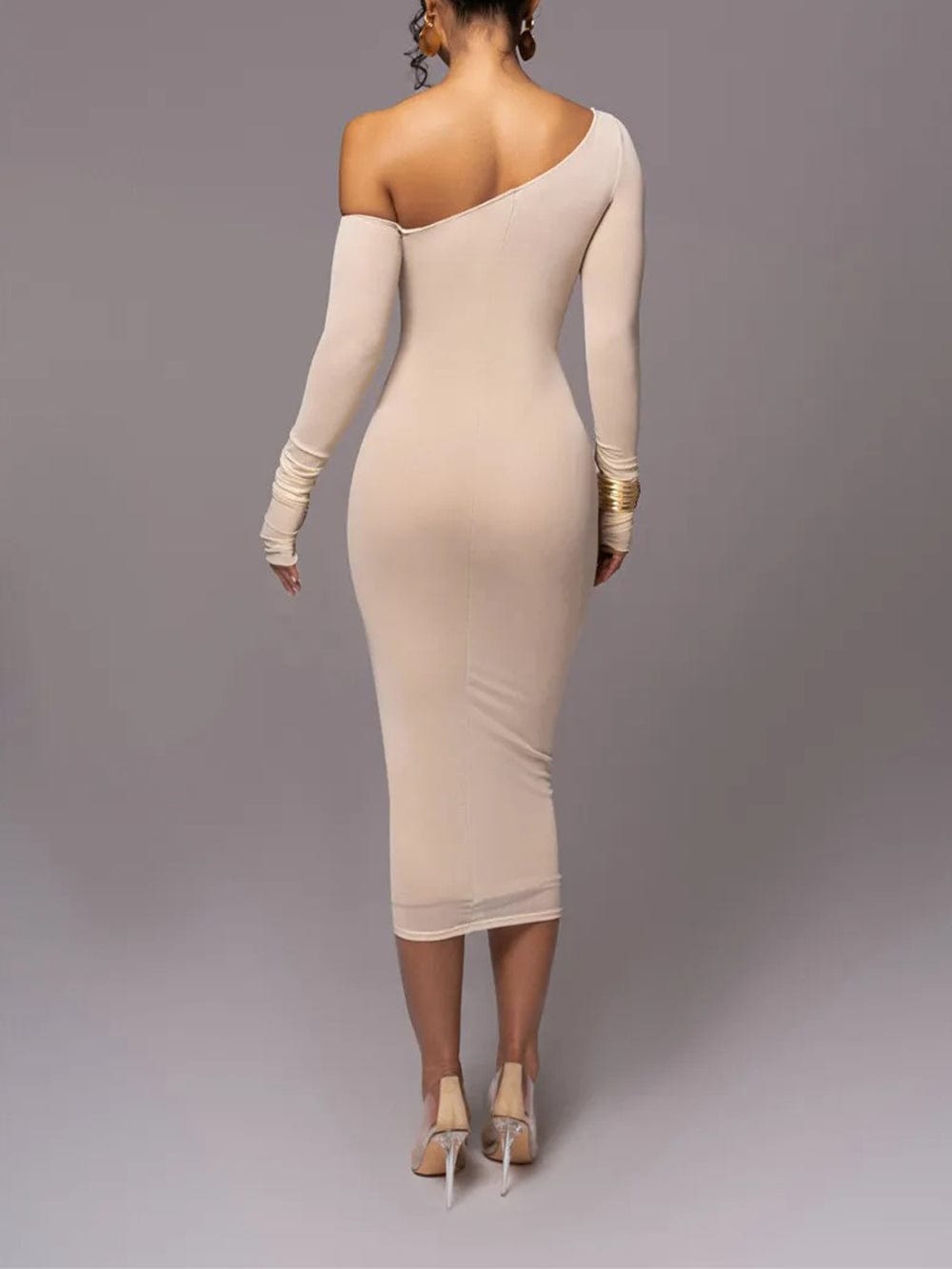 One Shoulder Long Sleeve Mesh Panel Ruched Bodycon Midi Dress