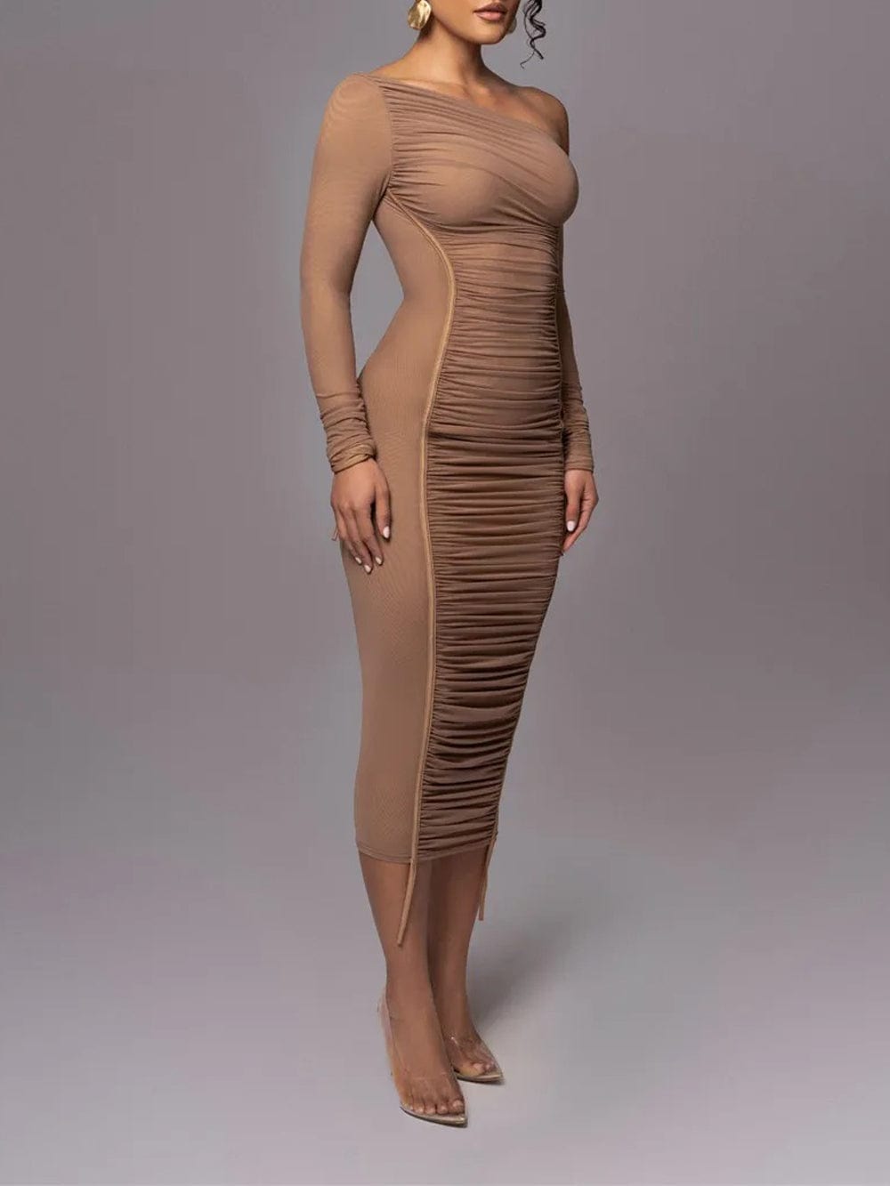 One Shoulder Long Sleeve Mesh Panel Ruched Bodycon Midi Dress