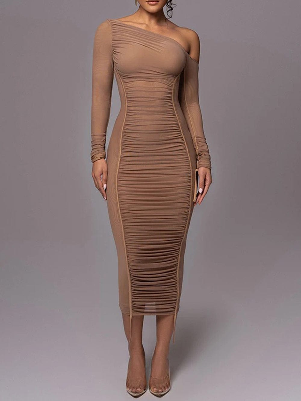 One Shoulder Long Sleeve Mesh Panel Ruched Bodycon Midi Dress
