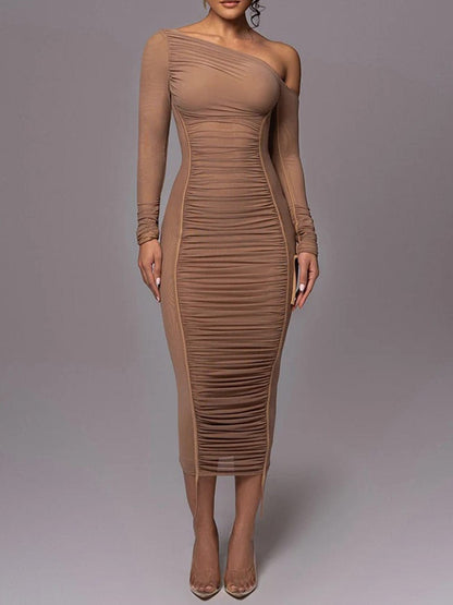One Shoulder Long Sleeve Mesh Panel Ruched Bodycon Midi Dress