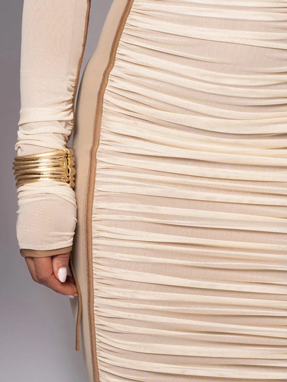 One Shoulder Long Sleeve Mesh Panel Ruched Bodycon Midi Dress